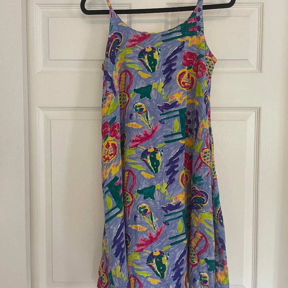 90's Xtreme Island Designs Mini Tropical Floral Shift Dress --Purple Yellow Pink